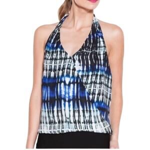 Parker Blue White Black Wales Tie Dye 100% Silk Wrap Halter Top Button VNeck L